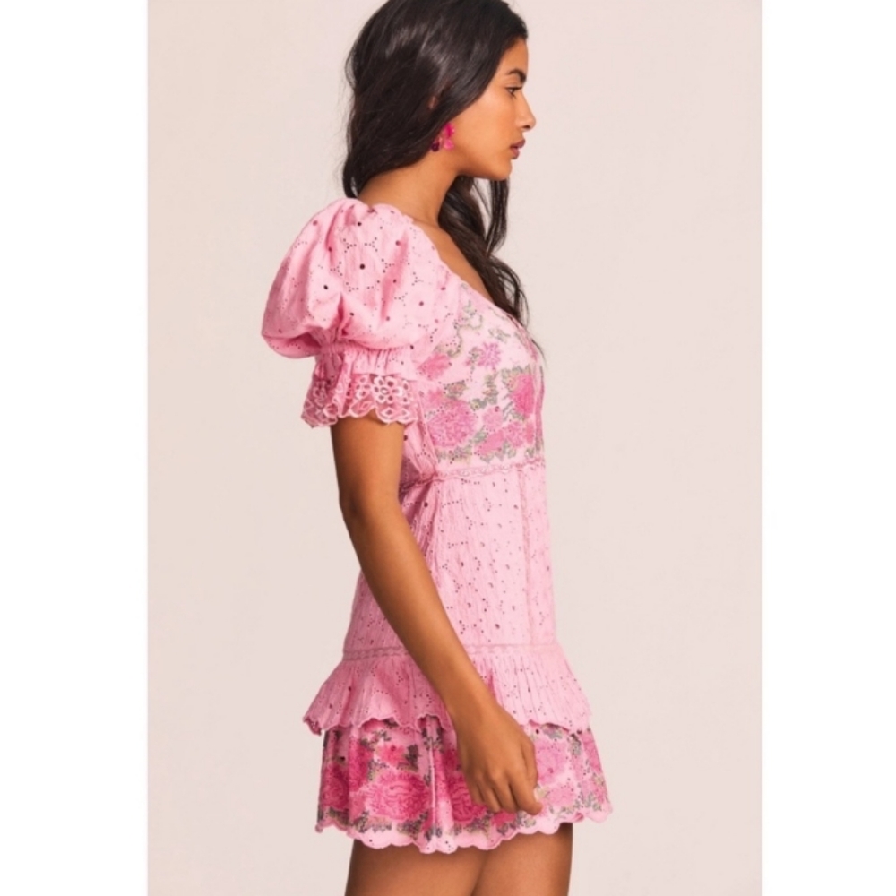LoveShackFancy Pink Eyelet Floral Mini Dress - Picture 2 of 16